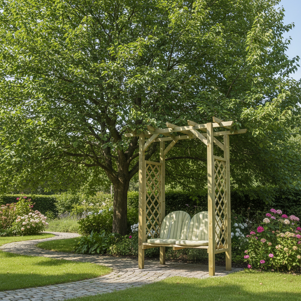 Pergola drewniana w ogrodzie pod drzewem